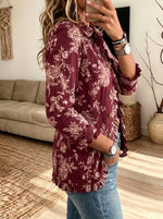 Women Burgundy Floral Print Ruffle Trim Lapel Button Jacket