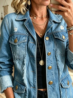 Women's Frayed Raw Hem Double-Breasted Denim Blazer