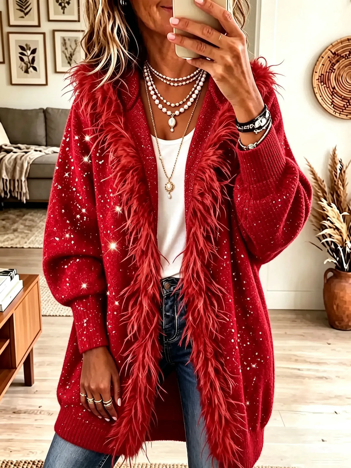 Women's Feather Trim Glitter Knit Duster Cardigan