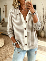Women Green White Horizontal Stripe Collared Single Breasted Loose Knit Cardigan