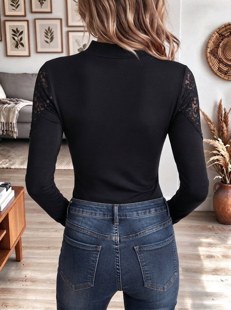 Women's Black Mock Neck Long Sleeve Top with Sheer Lace Yoke and Beaded Trim