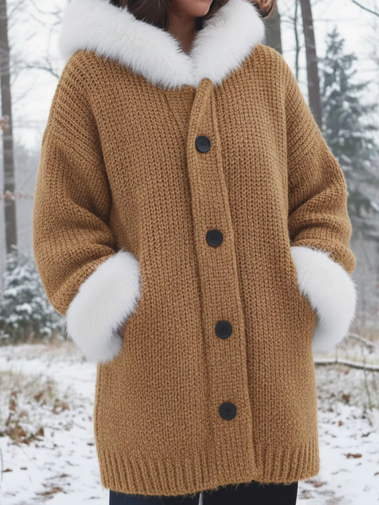 Women Blue Chunky Knit Cardigan With White Faux Fur Collar & Cuffs