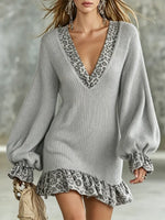 Retro Leopard Pattern Art Ruffle Patchwork Casual Stylish Knitted Long Sleeve Dress