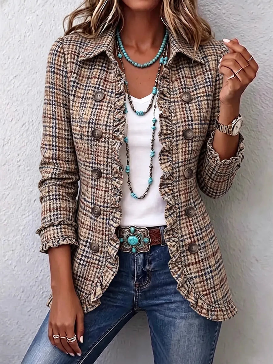 Retro Plaid Pattern Art Print Ruffle Casual Stylish Cotton Lapel Coat