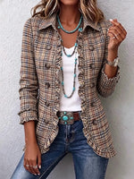 Retro Plaid Pattern Art Print Ruffle Casual Stylish Cotton Lapel Coat