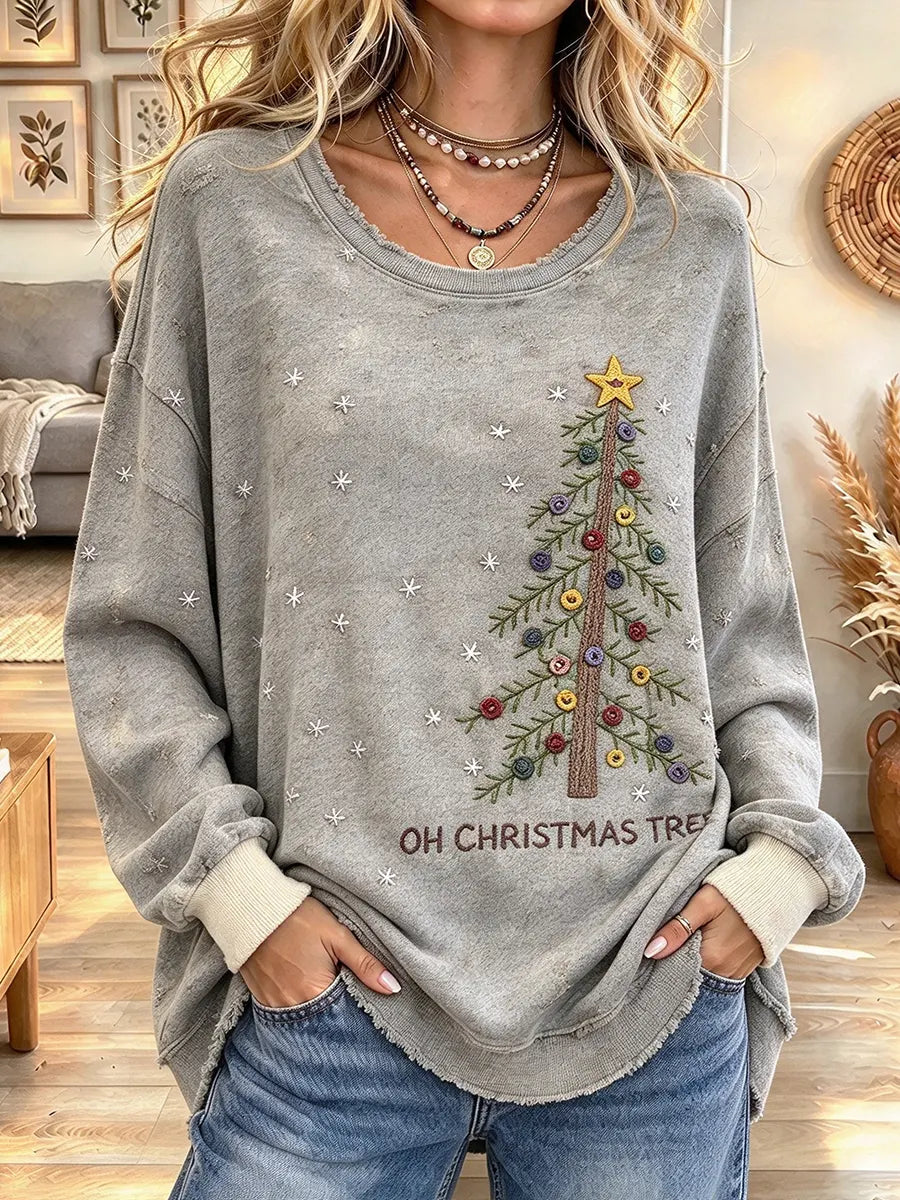 Women's Vintage Christmas Tree Print Crewneck Sweatshirt