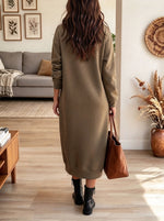 Women's Khaki Colorblock Sweatshirt Dress with Pockets and Abstract Wave Panel