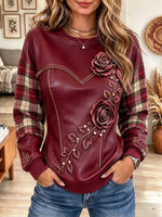 Women's Burgundy Rose Print Patchwork Round Neck Top