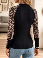 Women's Leopard Contrast Asymmetrical Zip Mock Neck Ribbed Knit Top