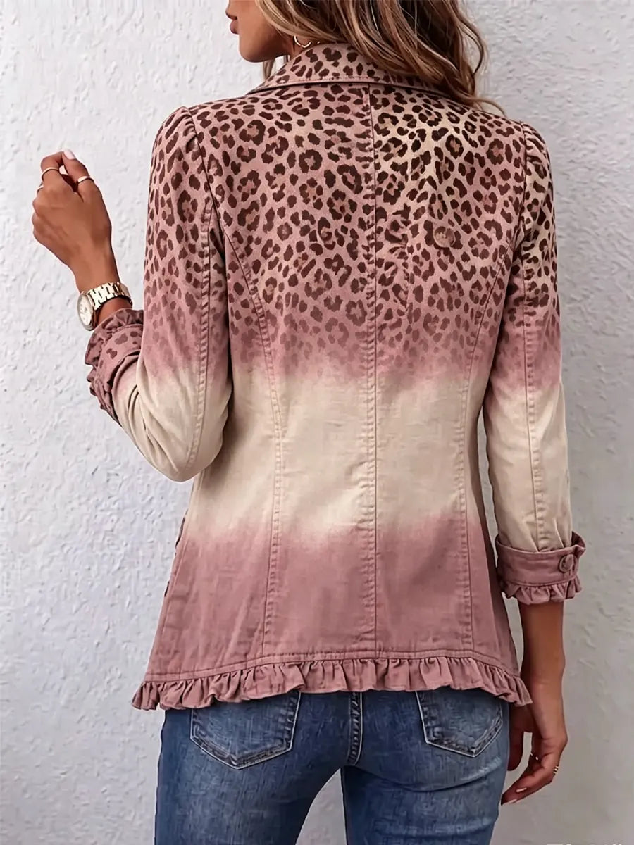 Retro Leopard Pattern Art Print Ruffle Casual Stylish Cotton Lapel Coat