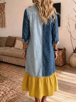 Women Color Block Patchwork Denim Shirt Dress Collar Button‑Front Ruffle Hem Midi Dress With Pockets