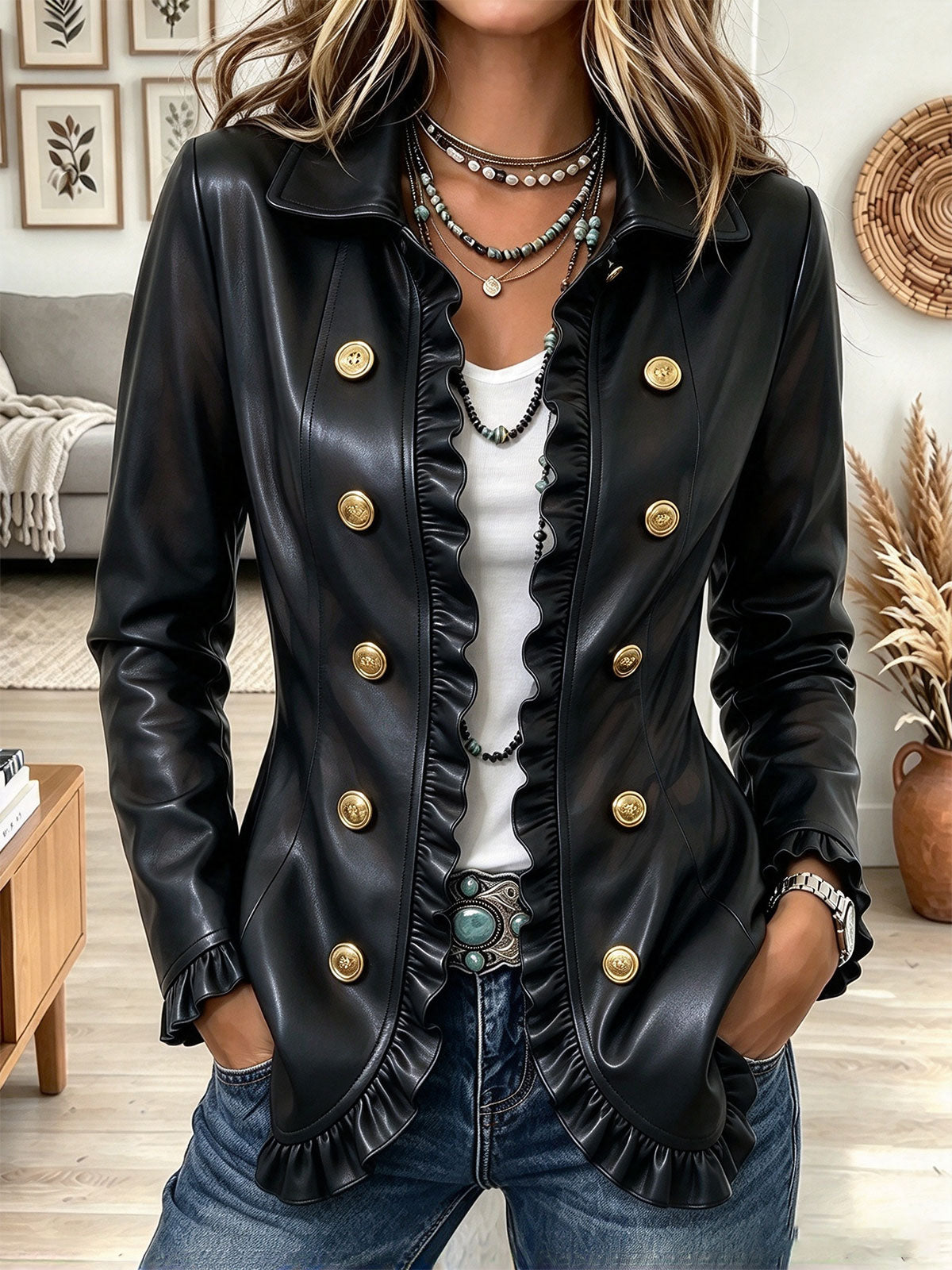 Women's Black Faux Leather Double-Breasted Ruffled Jacket with Gold Buttons
