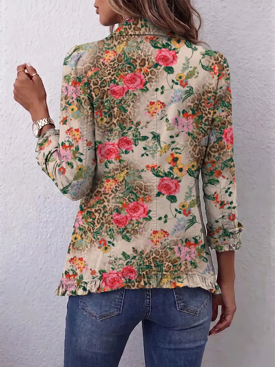 Retro Floral Leopard Pattern Art Print Ruffle Casual Stylish Cotton Lapel Coat