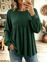 Women's Waffle Knit Long Sleeve Babydoll Top, Round Neck Puff Sleeve Loose Flowy Blouse