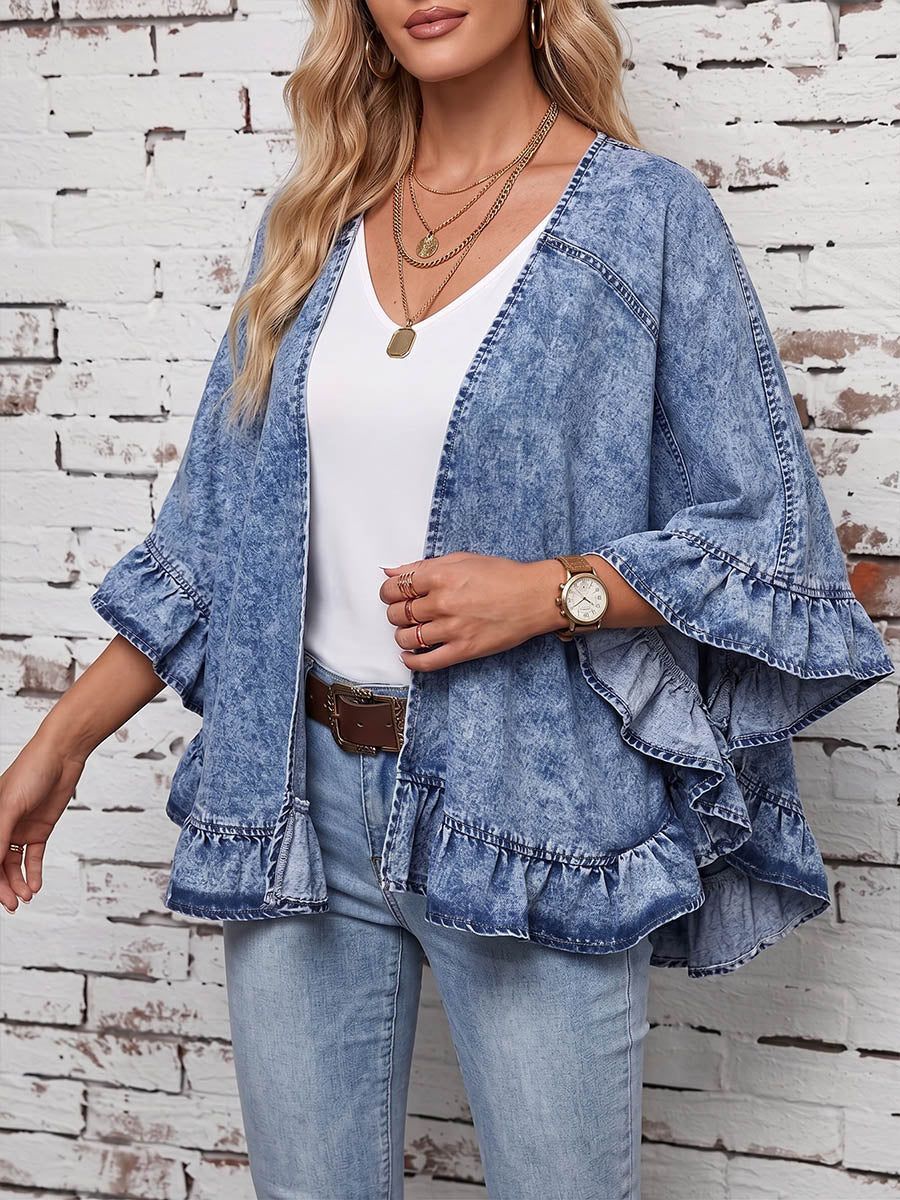 Vintage Elegant Denim Patchwork Ruffled Jacket