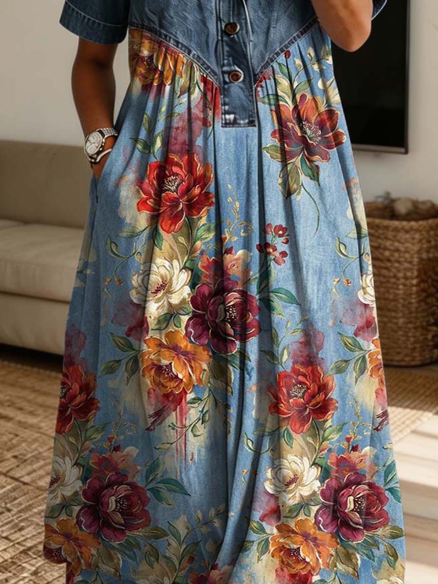 Vintage Floral Pattern Art Print Casual Stylish Lapel Denim Patchwork Dress
