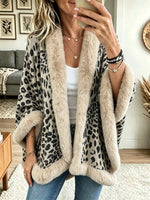 Women's Leopard Print Faux Fur Trim Cape Cardigan
