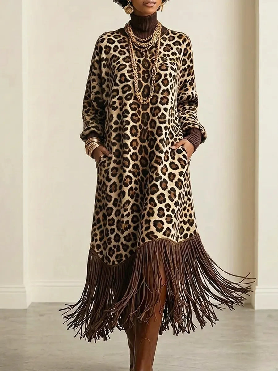Retro Leopard Pattern Tassel Patchwork Art Print Casual Stylish Long Sleeve Dress
