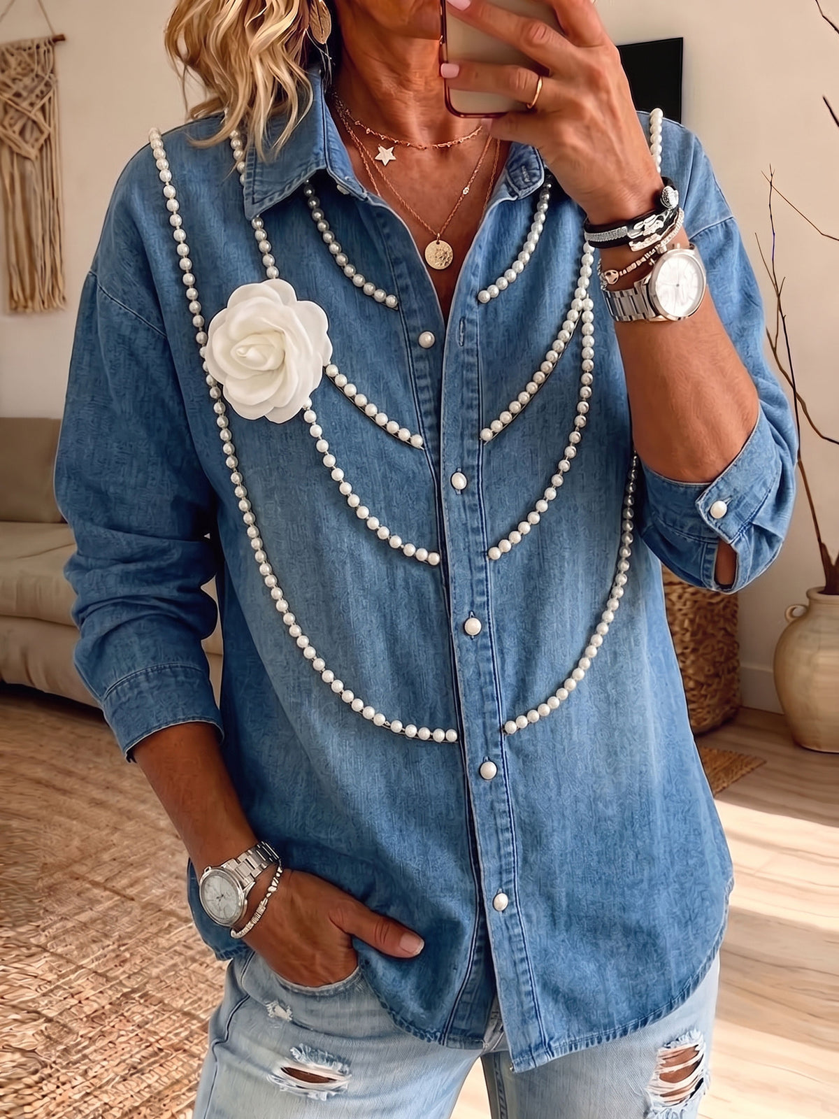 Women Oversized Washed Denim Shirt Lapel Long Sleeve Button Down Casual Blouse