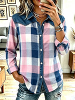 Vintage Plaid Pattern Art Denim Patchwork Casual Stylish Long Sleeve Shirt