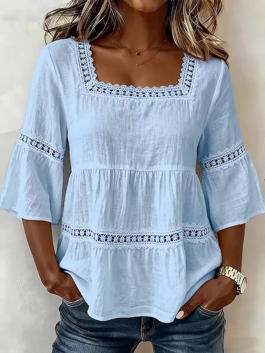 Retro Elegant Lace Floral Hollow Square Collar Casual Stylish Cotton Shirt