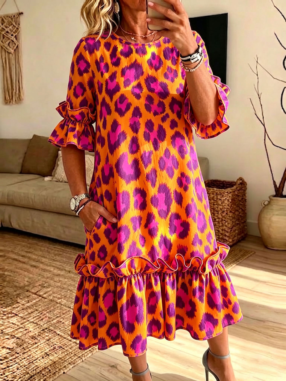 Women Leopard Print Ruffle Midi Dress Casual Loose Pocket Summer Dress