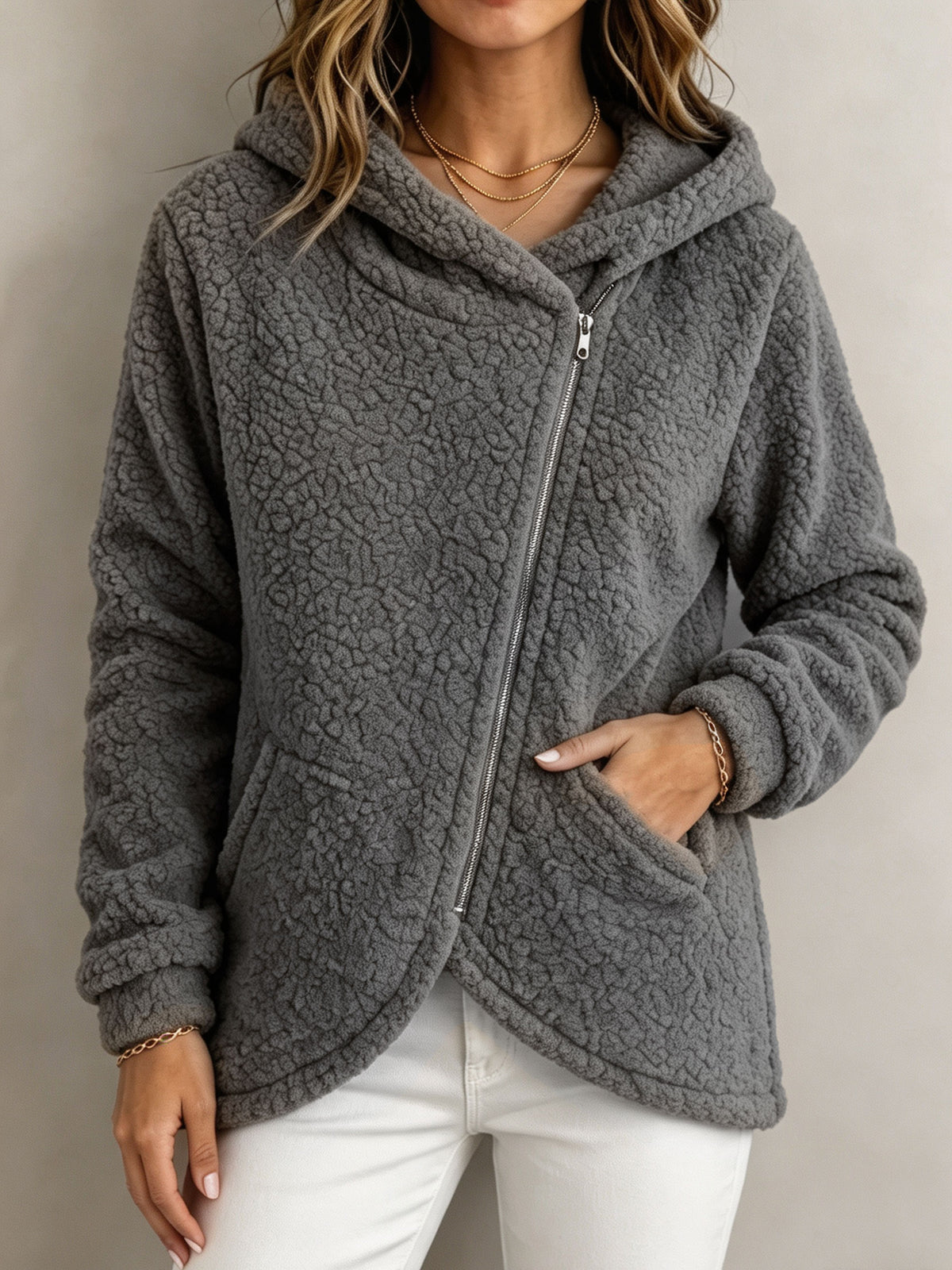 Women Teddy Fleece Hooded Jacket Diagonal Zip Warm Fuzzy Coat With Side Pockets