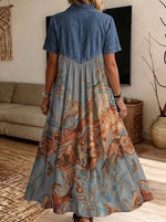 Women’s Denim Spliced Vintage Baroque Print Midi Shirt Dress With Pockets
