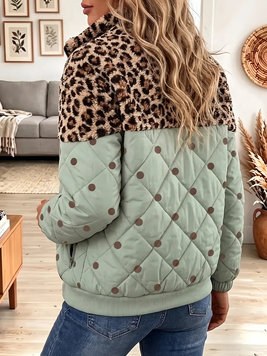 Vintage Elegant Leopard Print Patchwork Quilted Winter Jacket
