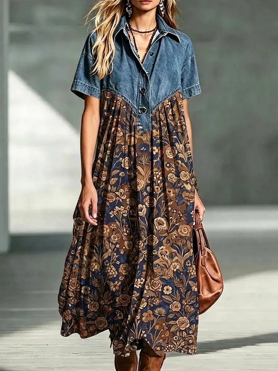 Retro Floral Pattern Art Print Casual Stylish Lapel Denim Patchwork Dress