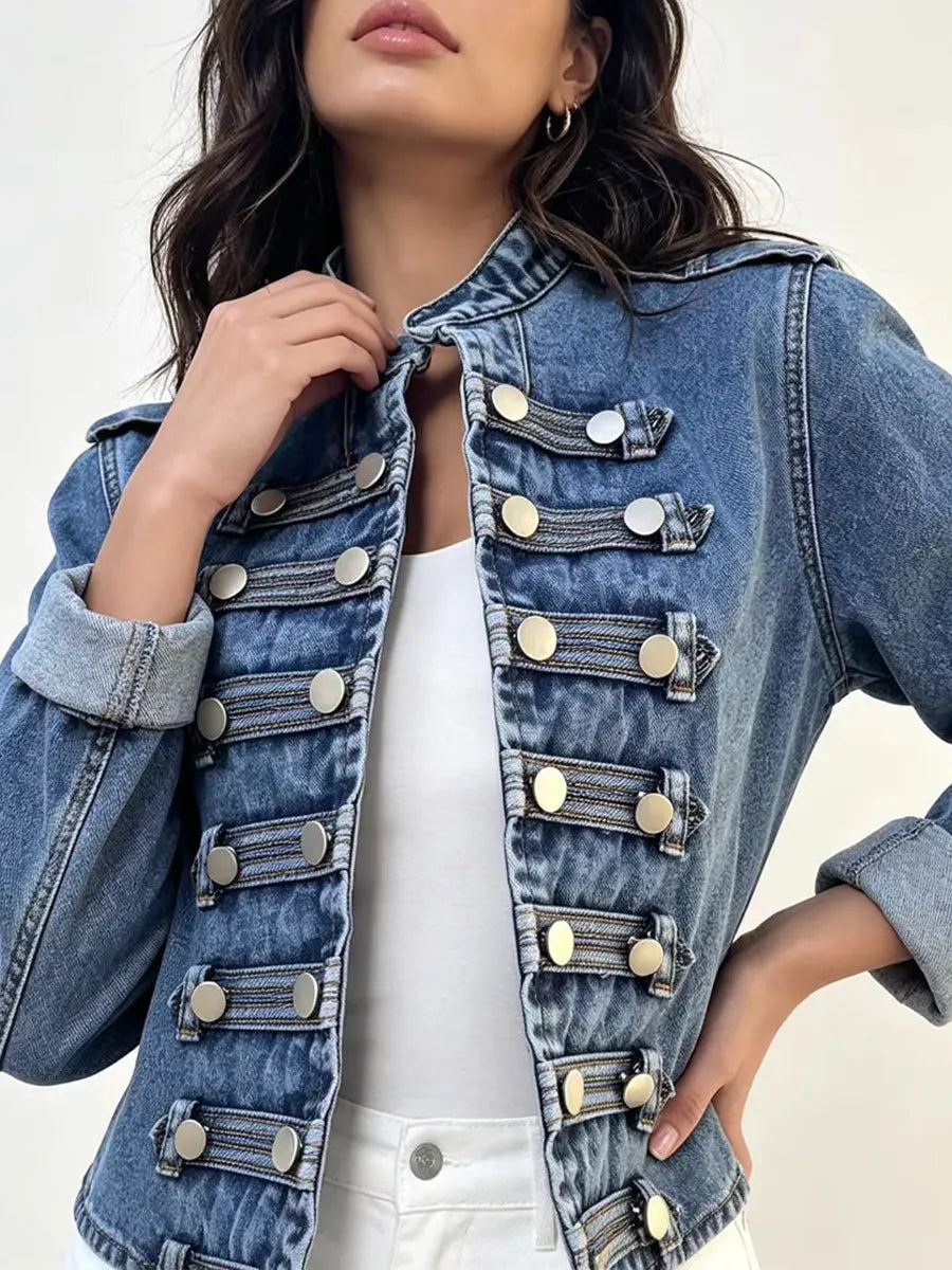 Retro Solid Color Stand Collar Art Casual Stylish Long Sleeve Denim Coat