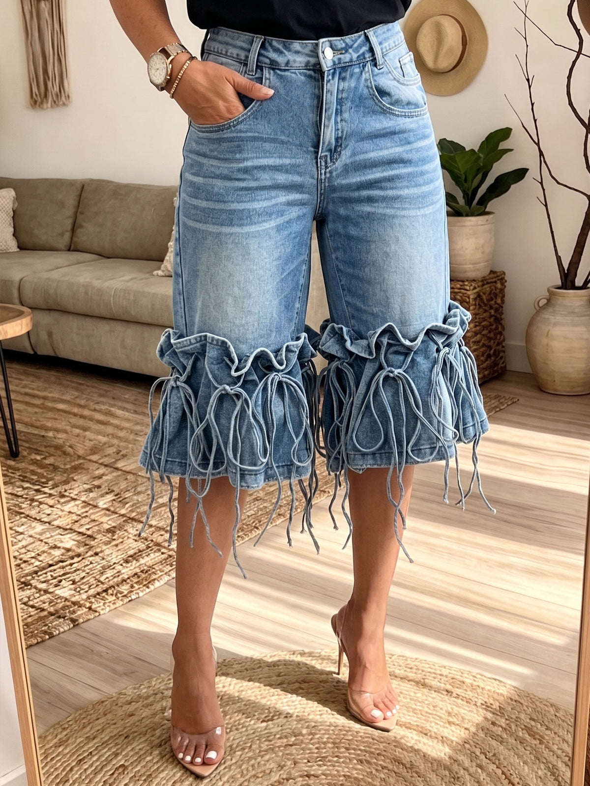 Women High Waist Denim Capri Jeans Ruffle Fringe Tie Decor Cropped Denim Pants