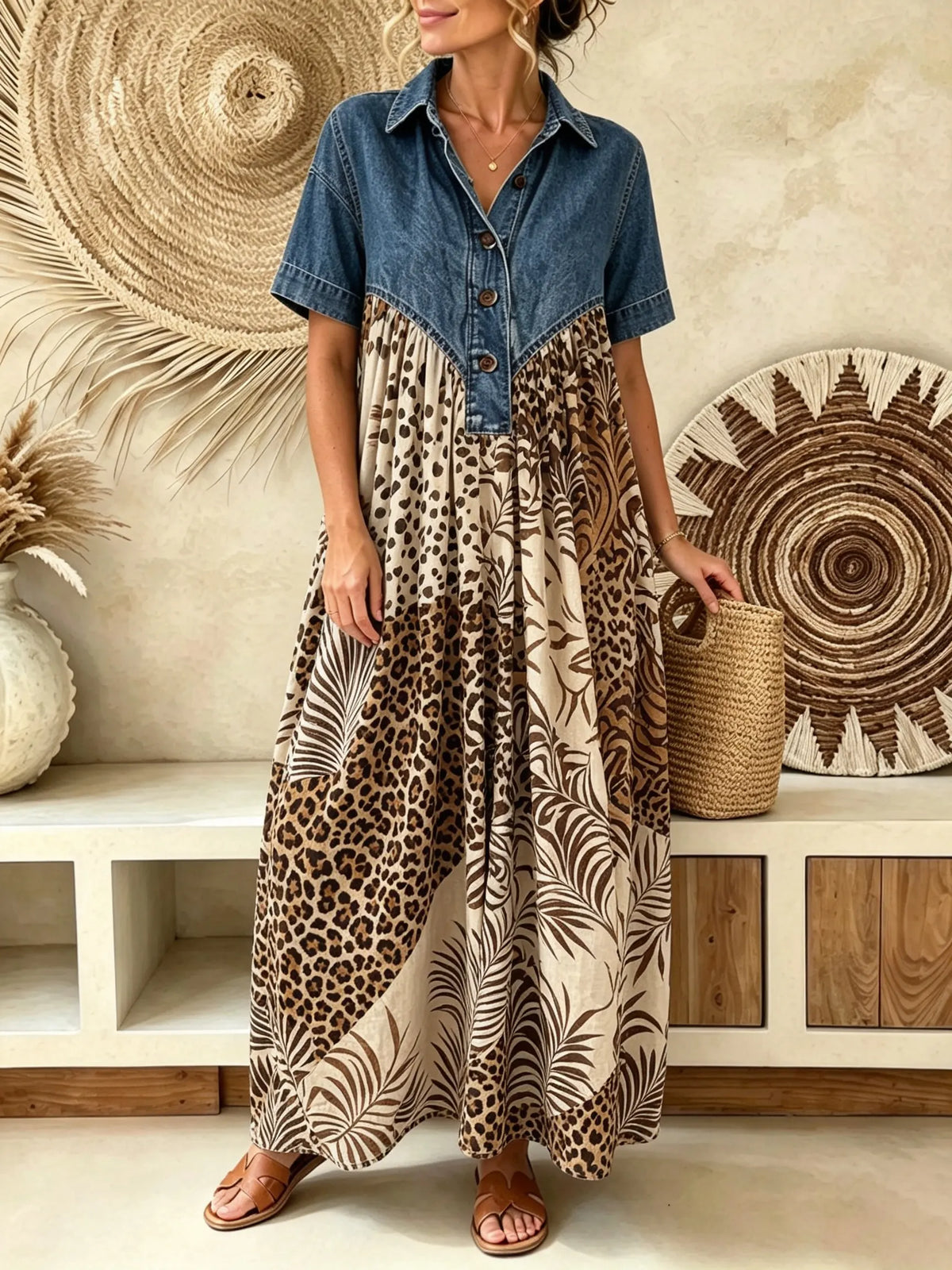 Women Leopard Palm Leaf Print Short Sleeve Denim Spliced Maxi Dress