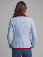 Women Striped Blazer Red Velvet Trim Lapel Single‑Button Slim Casual Jacket With Pockets