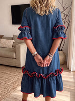 Red Trim Ruffle Bell Sleeve Denim Midi Dress With Pockets