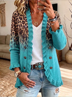 Turquoise Leopard Gradient Ruffle Trim Knit Cardigan
