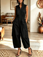 Women Sleeveless Zip Front Elastic Waist Cargo Wide Leg Jumpsuit