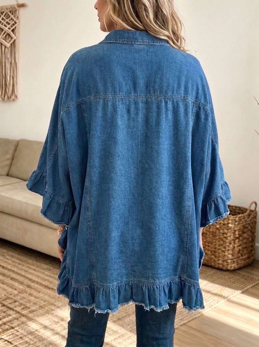 Women Denim Lace Spliced Jacket Oversized Batwing Sleeve Button Down Ruffle Hem Outerwear
