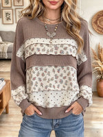Women's Floral Polka Dot Print Patchwork Round Neck Top