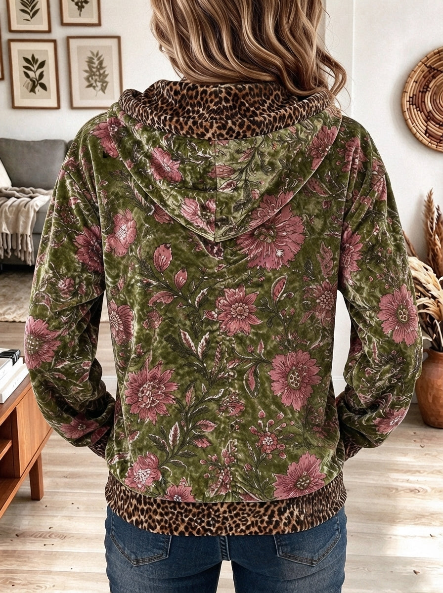 Women's Green Velvet Floral Print Zip-Up Hoodie with Leopard Contrast Trim