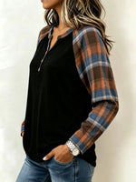 Women's Plaid Patchwork Henley Long Sleeve Top