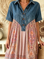 Women Ethnic Floral Geometric Print Short Sleeve Denim Spliced Maxi Dress
