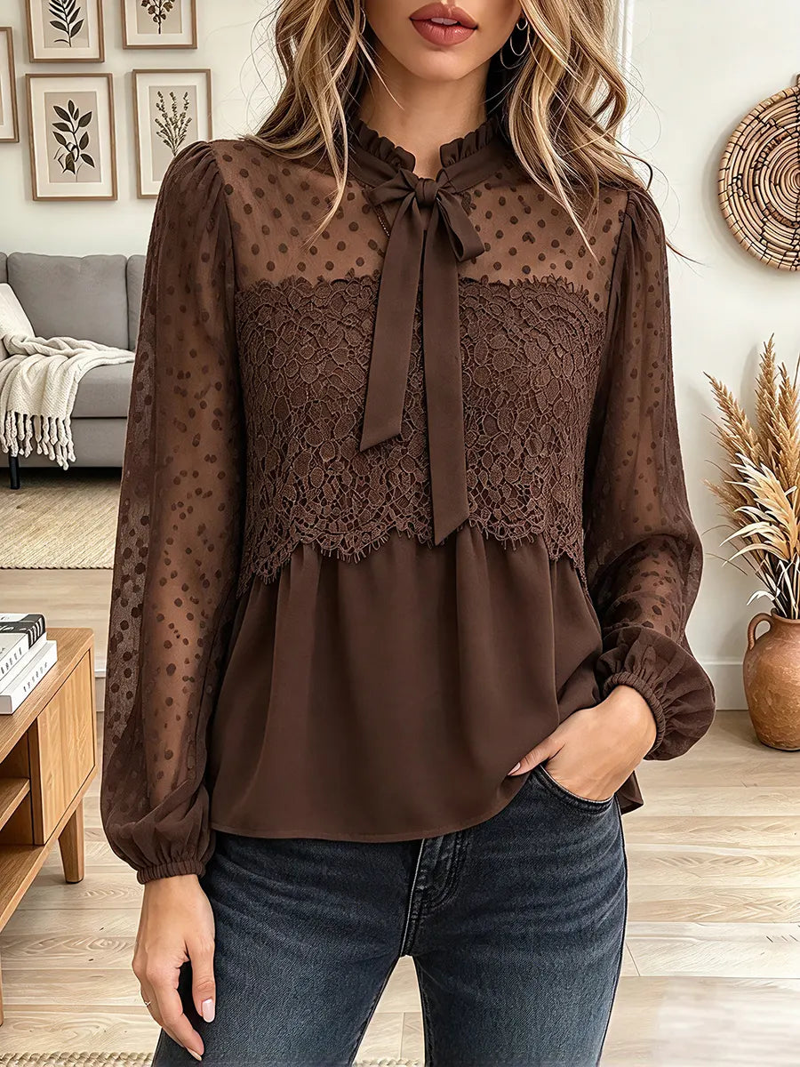 Vintage Elegant Chiffon And Lace Patchwork Sheer Polka Dot Shirt