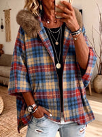 Plaid Faux Fur Hood Zip Up Batwing Sleeve Cape Coat