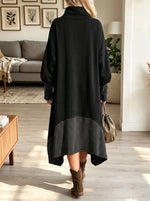 Women's Funnel Neck Sweatshirt Dress, Striped Hem Button Balloon Sleeve Tunic Dress