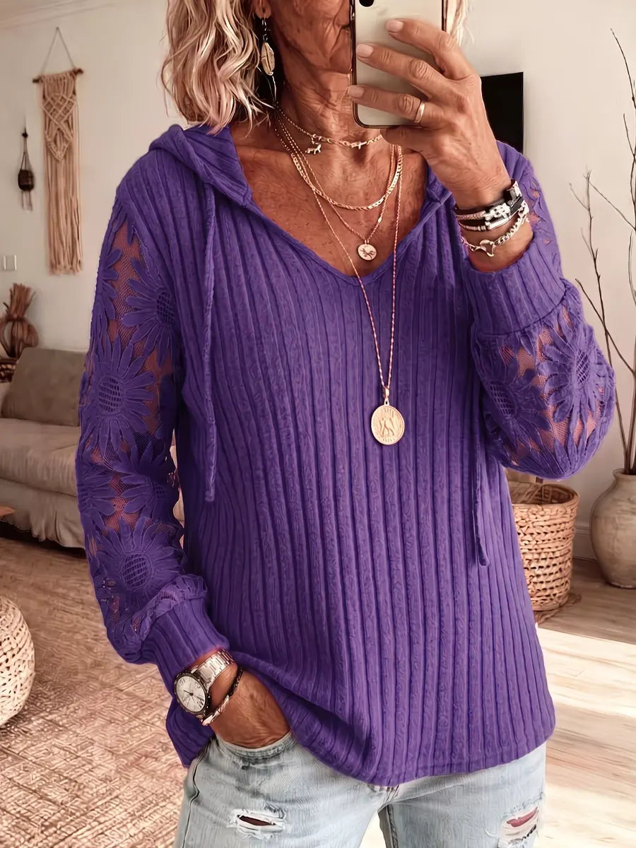 Retro Elegant Lace Hollow Patchwork Hooded Casual Long Sleeve Top