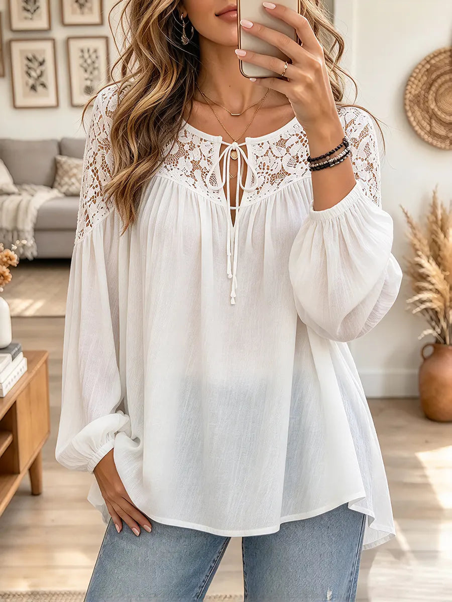 Vintage Elegant Cotton And Linen Patchwork Lace Shirt