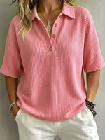 Solid Color Lapel Casual Short Sleeve Stylish Waffle Shirt