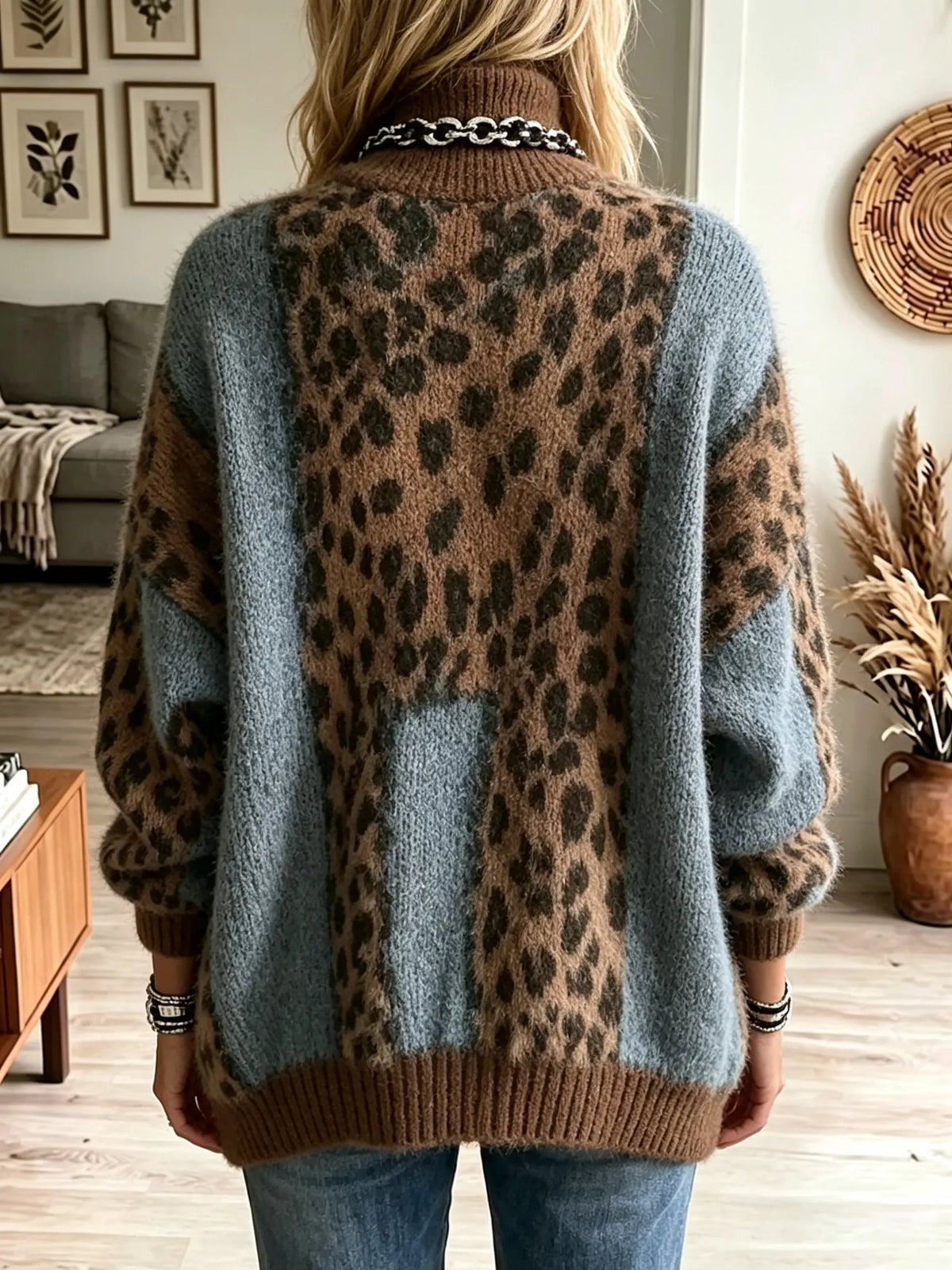 Women's Color-Block Leopard Print Turtleneck Sweater