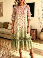 Retro Leopard Pattern Art Print Casual Ruffle Stylish Cotton Linen Dress